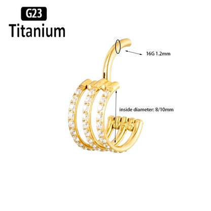G23 Titanium 3-Row Zircon Hoop Clicker Nose Septum Tragus Helix Cartilage Lip Piercing Jewelry.