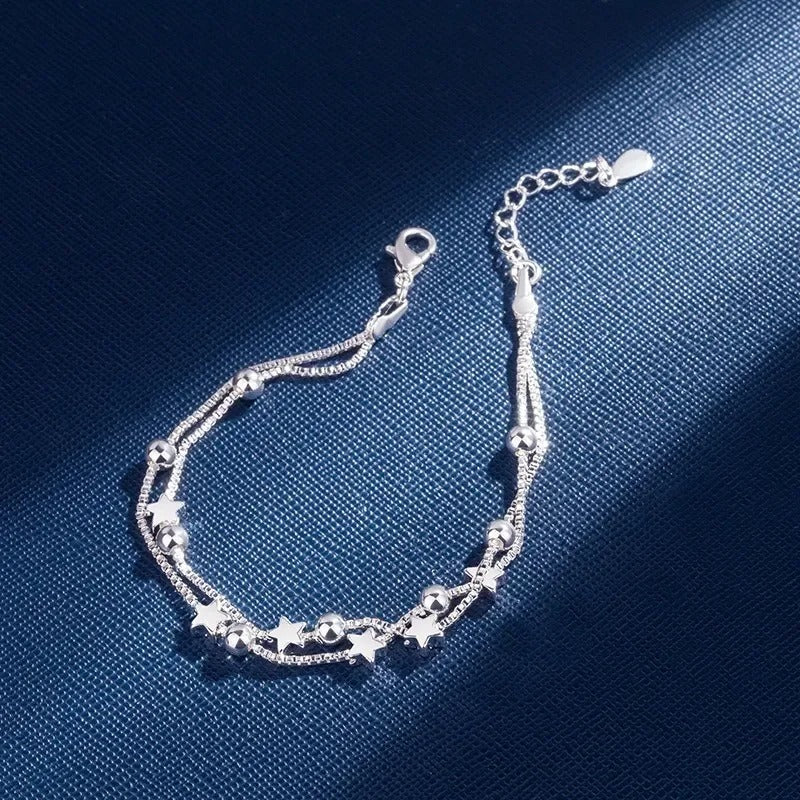 Sterling Silver Double Layers Stars Beads Bracelets for Women Elegant Box Chain Charm Bracelet Birthday Party Gift