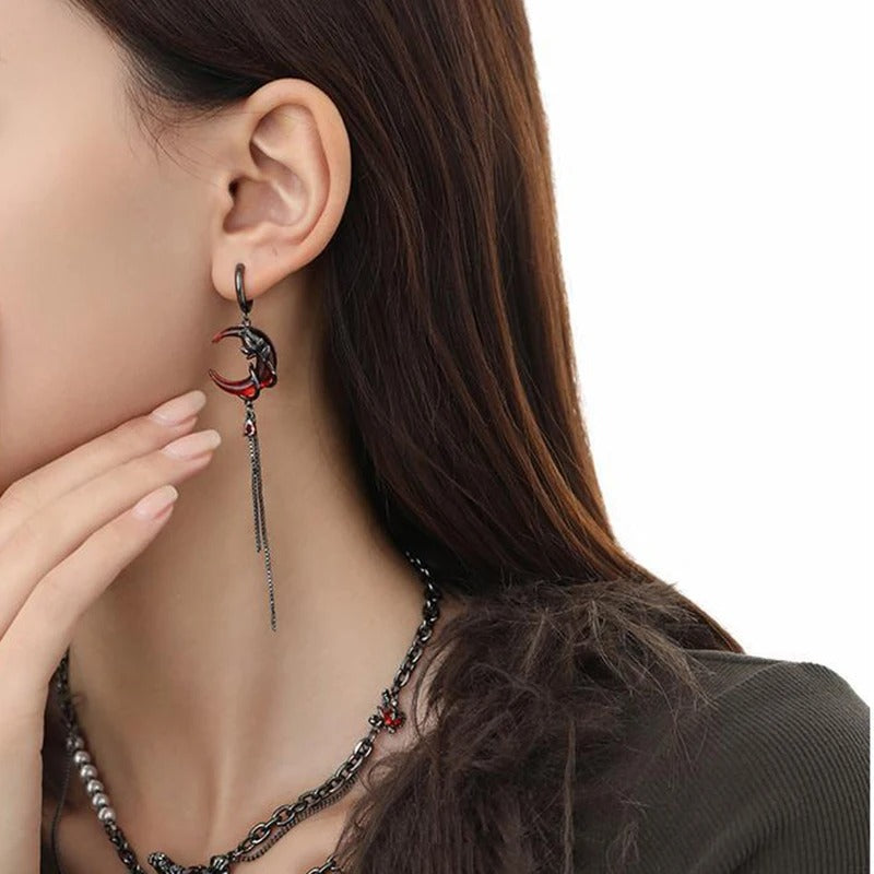 Personality Red Moon Earrings Women Dark Gothic Tassel Ear Jewelry