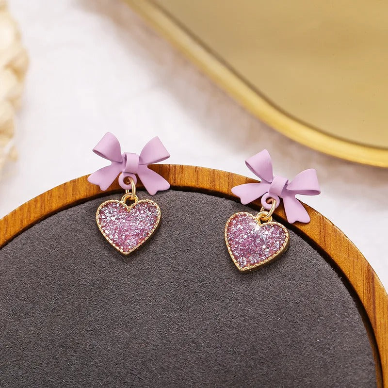 Purple Crystal Heart Bow Dangle Earrings for Women