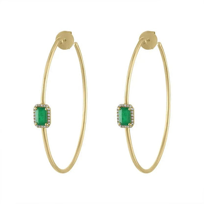Big Gold Hoop Earrings with Green Rectangle for Women
