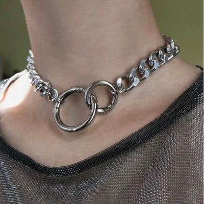 1 Pc Trendy Round Geometric Hollow Punk Personality Silver Color Heavy Chain Necklace Women Men Party Daily Gift Jewelry