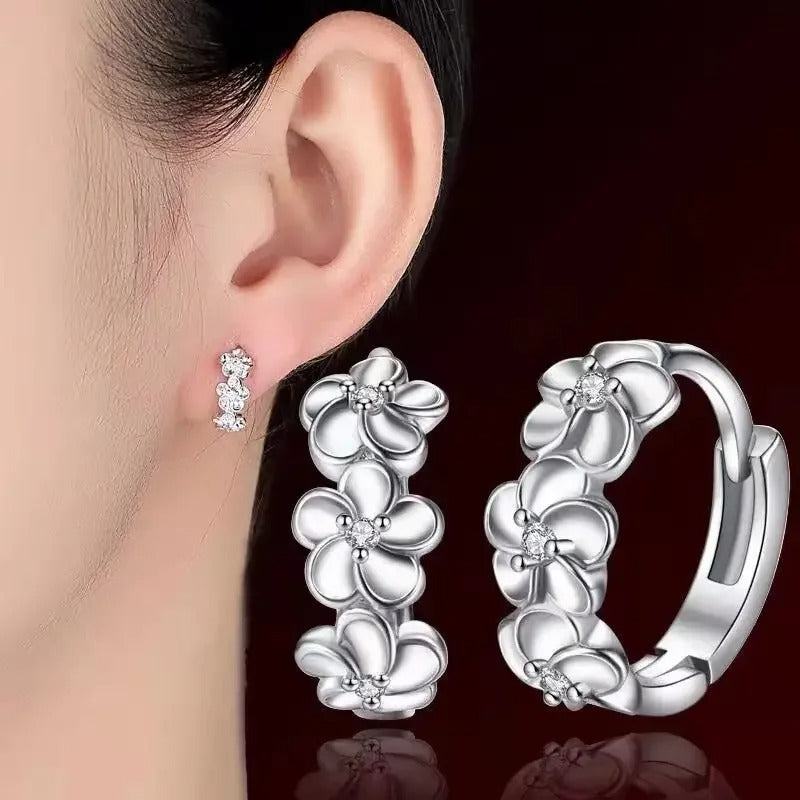 Luxury Silver Flower Hoop Earrings Crystal Zircon Dangle Women