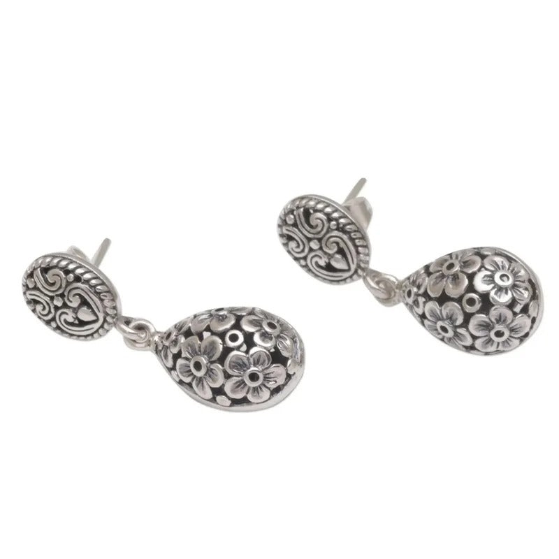 Silver Bohemian Flower Drop Earrings for Women
