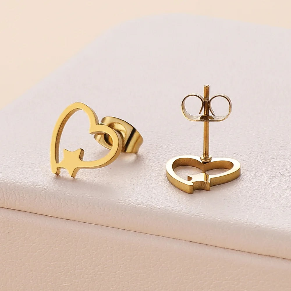 Stainless Steel Love Heart Star Stud Earrings For Women Girls Gold Color Sweet Fashion Ear Jewelry Birthday Party Gift