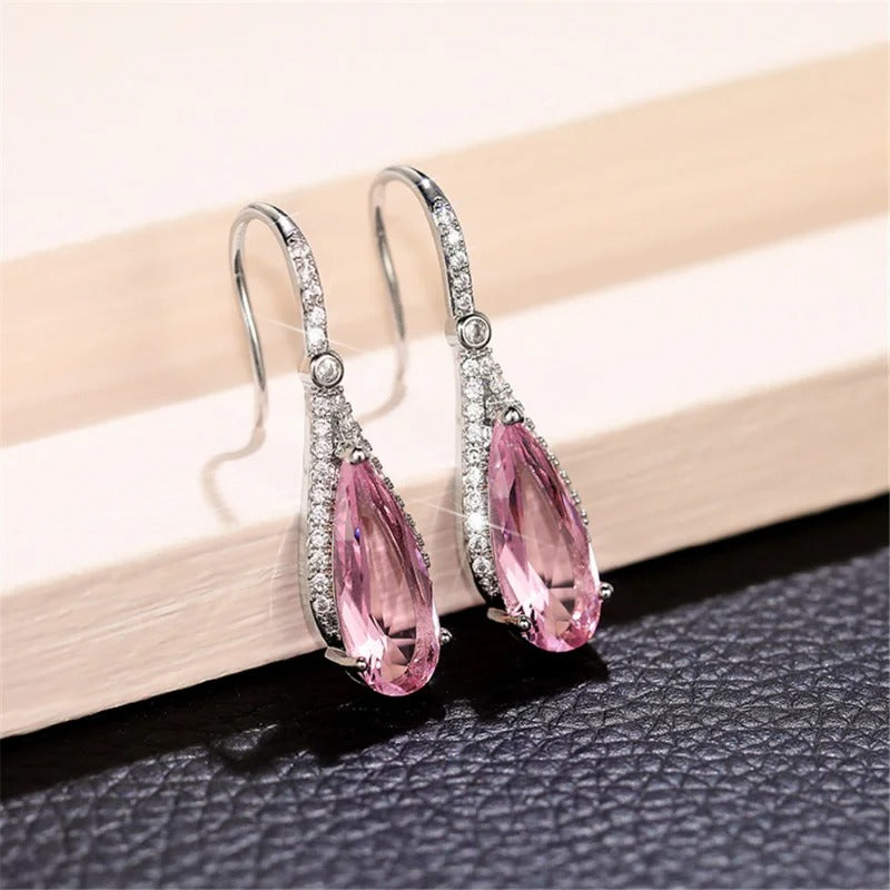 Luxury Silver Pink Zircon Dangle Earrings for Women