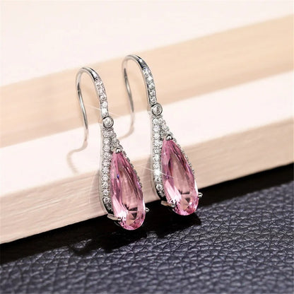 Luxury Silver Pink Zircon Dangle Earrings for Women