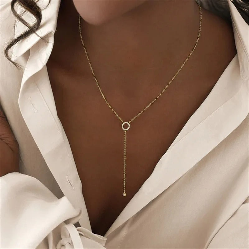 Silver Double-Deck Circle Zircon Pendant Long O-Chain Choker Necklace 2025 Spring Women Wedding Fine Jewelry