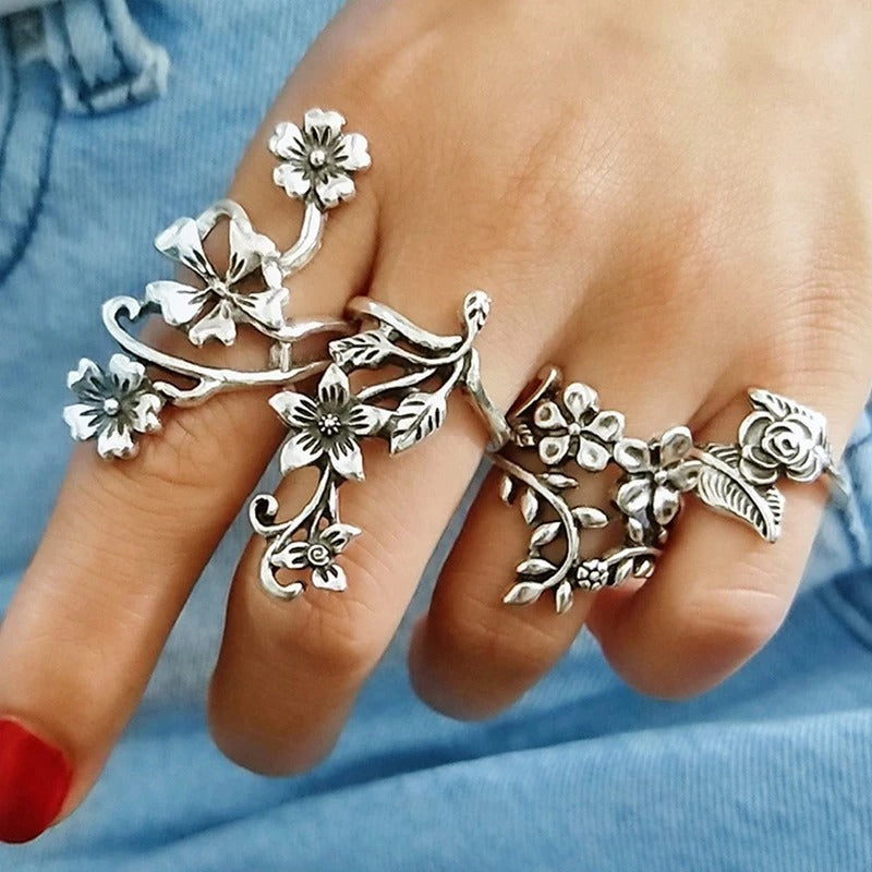4PCS Vintage Silver Mori Flower & Vine Rings Women’s Fashion Set