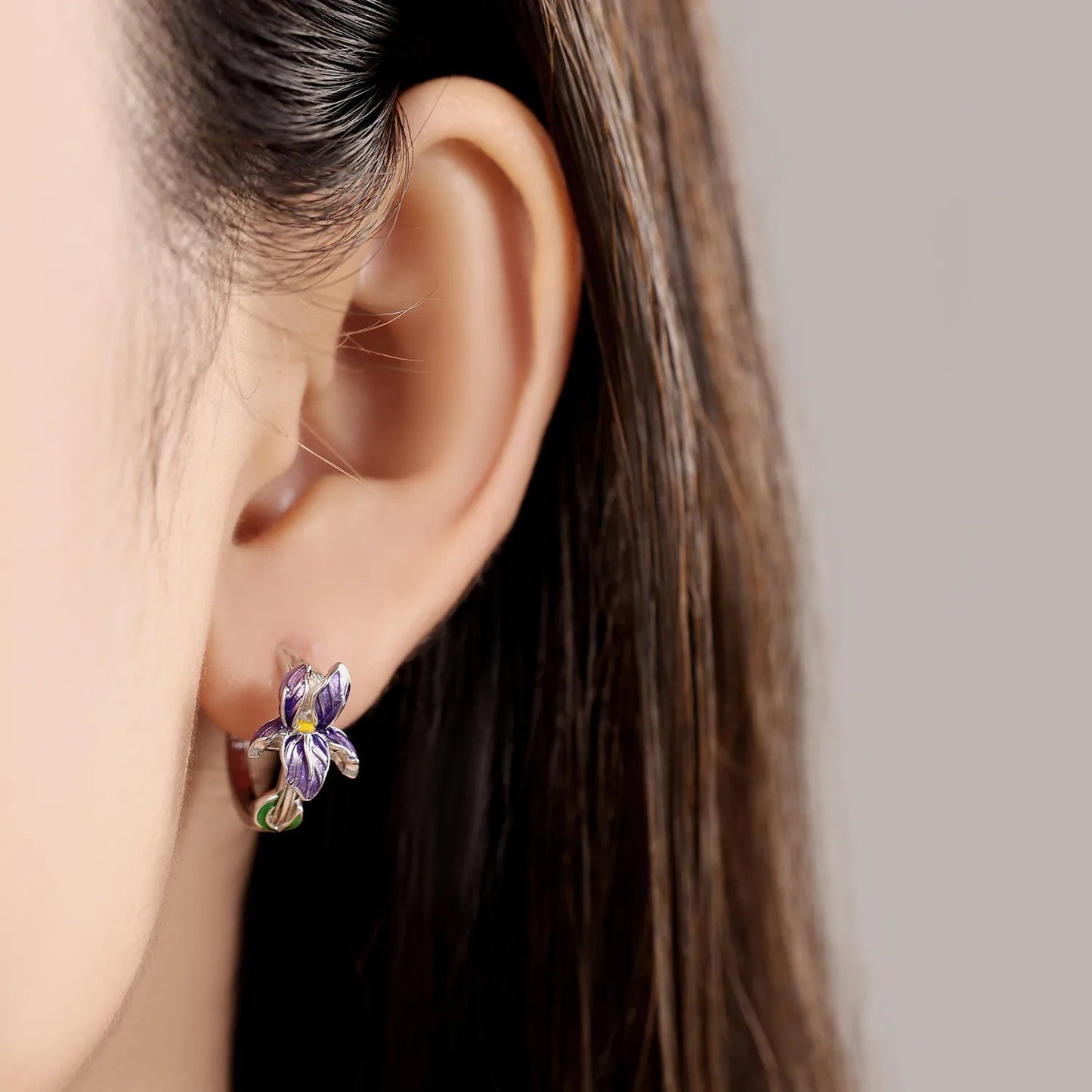 925 Sterling Silver Purple Flower Hoop Earrings for Women