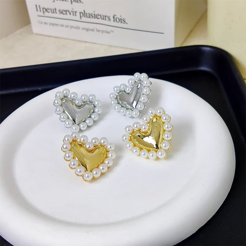 Women’s Heart Pearl Stud Earrings Korean Sweet Piercing Jewelry
