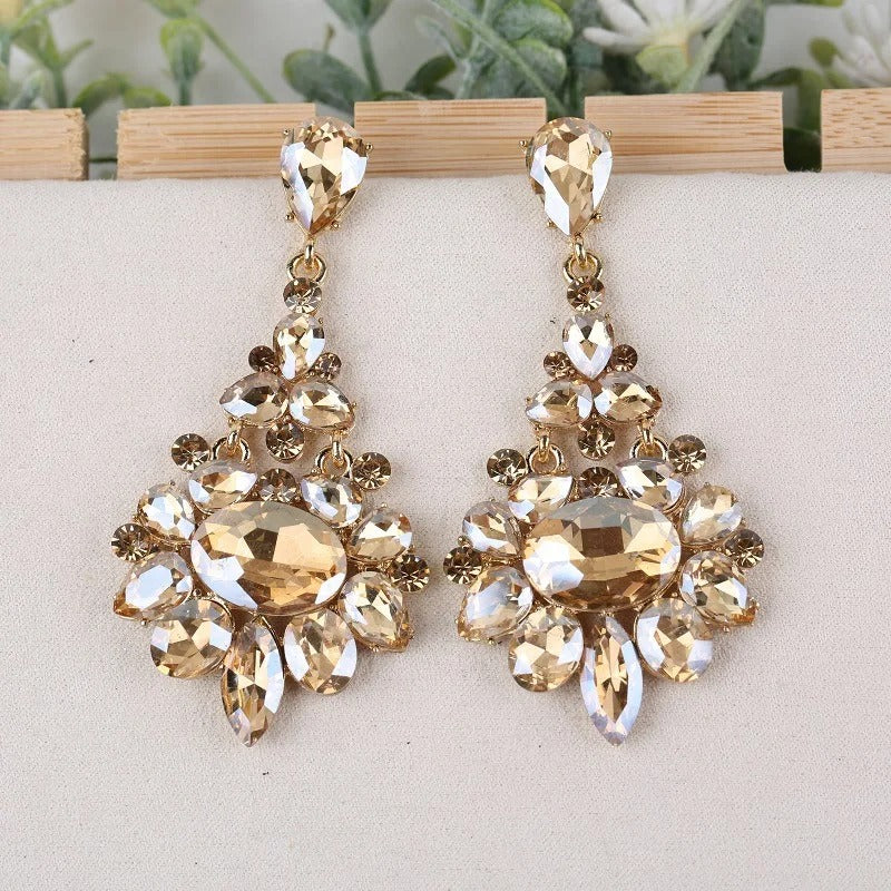 Bridal Long Drop Earrings Dark Blue Gray Champagne Crystals