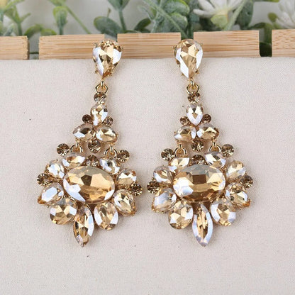 Bridal Long Drop Earrings Dark Blue Gray Champagne Crystals