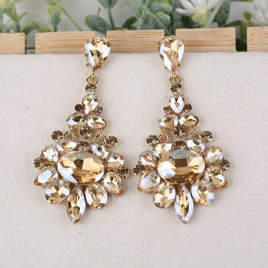 Bridal Long Drop Earrings Dark Blue Gray Champagne Crystals