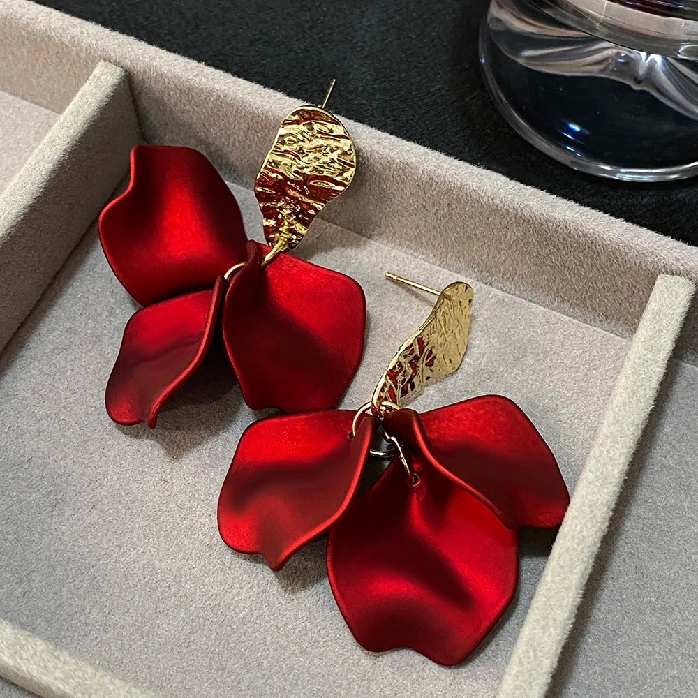 Trendy Solid Color Petal Flower Drop Earrings for Women Gold Color Metal Floral Bridal Earrings Wedding Party Jewelry