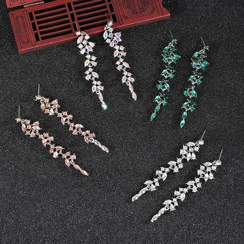 Long Tassel Dangle Earrings Women Rhinestone Geometric Leaf