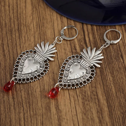 Silvery Heart Drop Earrings with Ruby Romantic Gift for Lovers