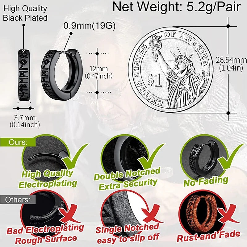 Norwegian Viking Rune Hoop Earrings 12mm Unisex Stainless Steel