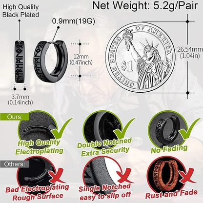 Norwegian Viking Rune Hoop Earrings 12mm Unisex Stainless Steel