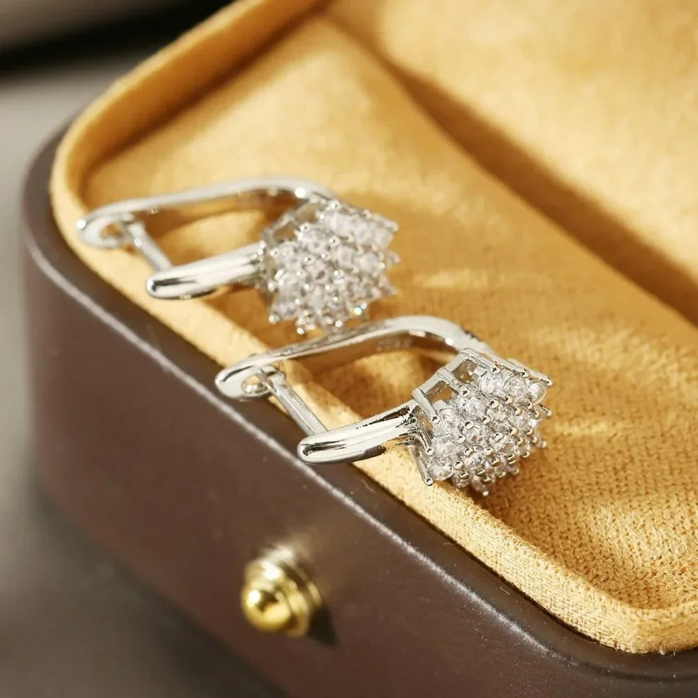 Classic U-Shaped Zircon Flower Hoop Earrings Women Gold Stainless Steel