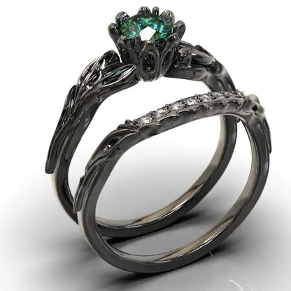 Fashion new women's two-piece ring electroplating gun black inlaid emerald casual commuting jewelry