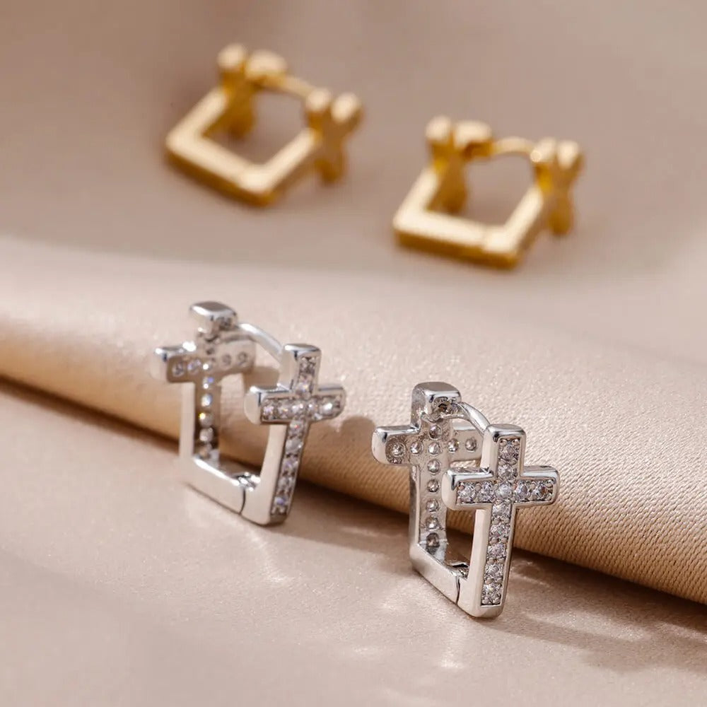 Women Stainless Steel Cross Hoop Earrings Small Geometric Punk Jewelry