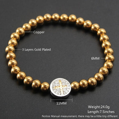 Stainless Steel St. Benito Bracelet Gold Cross 6mm Beads Women