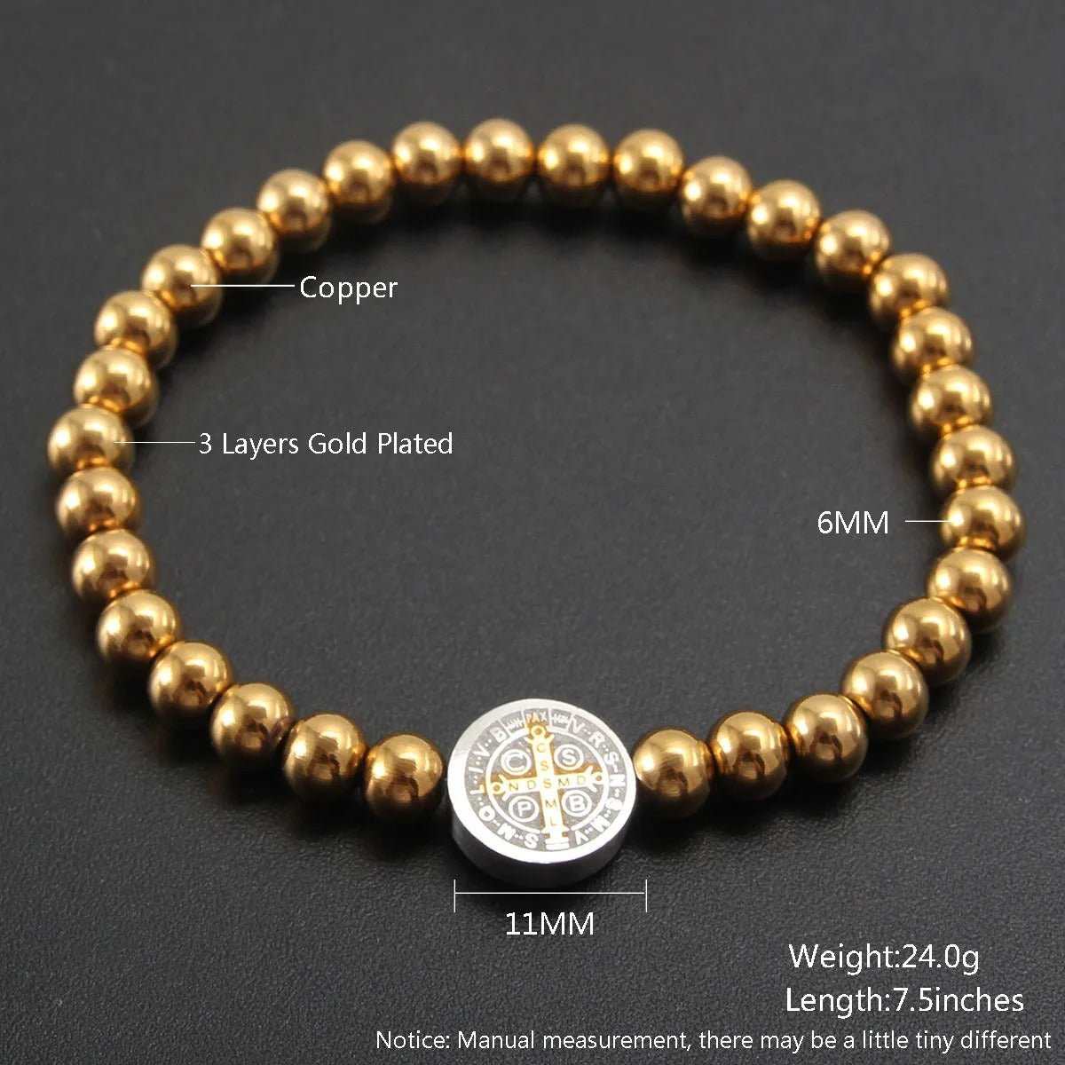 Stainless Steel San Benito Bracelet for Women – Gold Color St. Benedict Cross with 6mm Beads