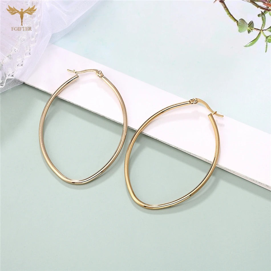 Golden Oval Hoop Earrings for Women Geometric Stainless Steel Jewelry