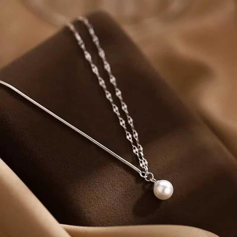 925 Sterling Silver Double Layered Pearl Necklace With Sparkling Temperament Asymmetrical Chain Necklace Fashionable Jewelry ﻿