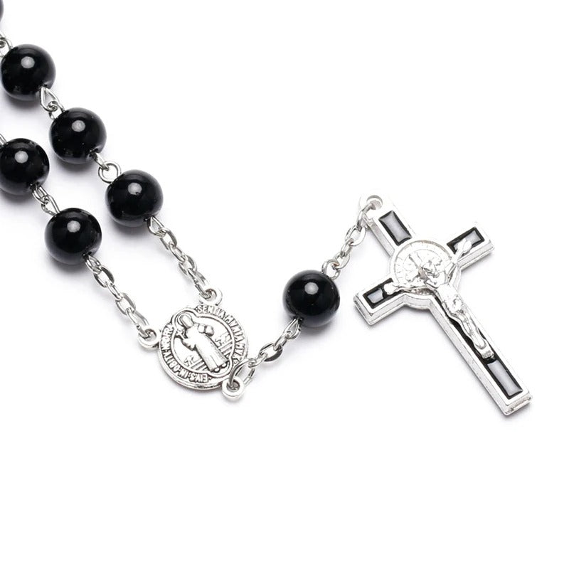 Black Glass Pearl Rosary Cross Beaded Bracelet Gifts Religious Jewelry