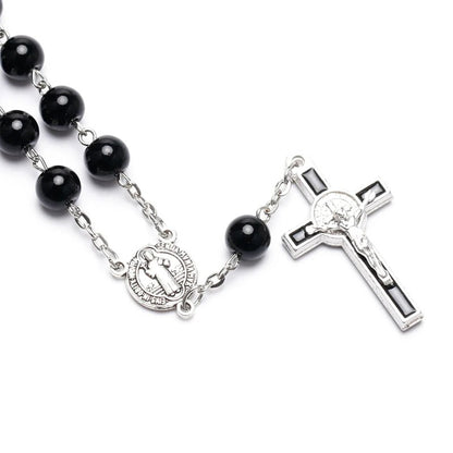 Black Glass Pearl Rosary Cross Beaded Bracelet Gifts Religious Jewelry