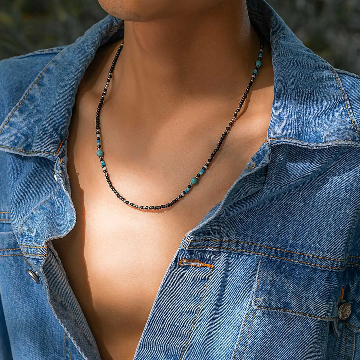 Trendy Summer Beach Necklace Men’s Turquoise & Black Beads