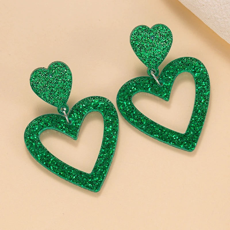 Golden Double Heart Drop Earrings Women Bling Acrylic Jewelry