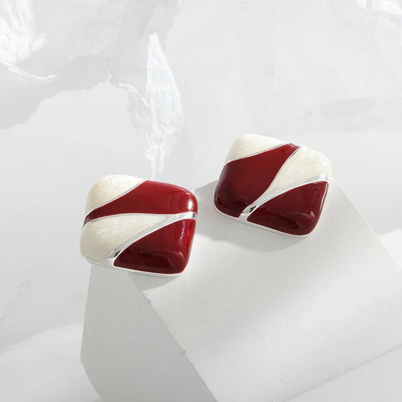 Red Block Square Stud Earrings Korean Style Women’s Party Jewelry