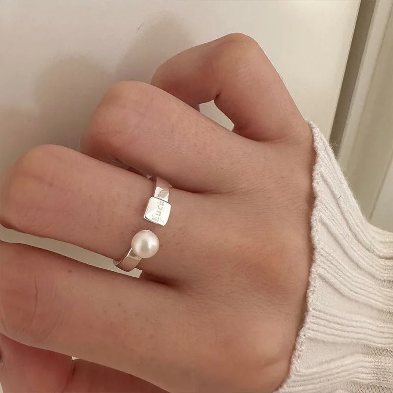 925 Sterling Silver Geometric Pearl Letter Ring – Adjustable Korean Fashion Couple Gift