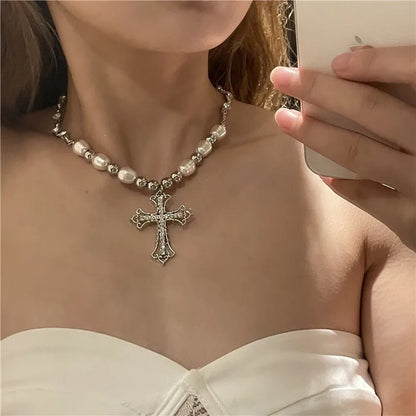 Pearl Cross Pendant Necklace Women Punk Retro Women Religious Zircon Chain Necklaces Girls Hip Hop Party Trendy Jewelry Gift