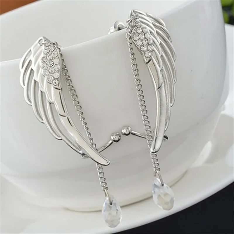 Angel Wings Crystal Earrings Silver Plated Drop Dangle Ear Stud for Women Long Cuff Earring Ear Jewelries