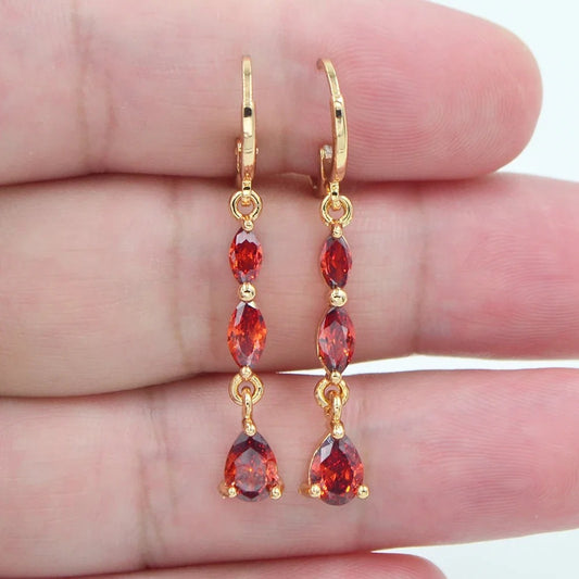 Fashion Gold Color Red Zircon CZ Teardrop Dangle Earrings for Women