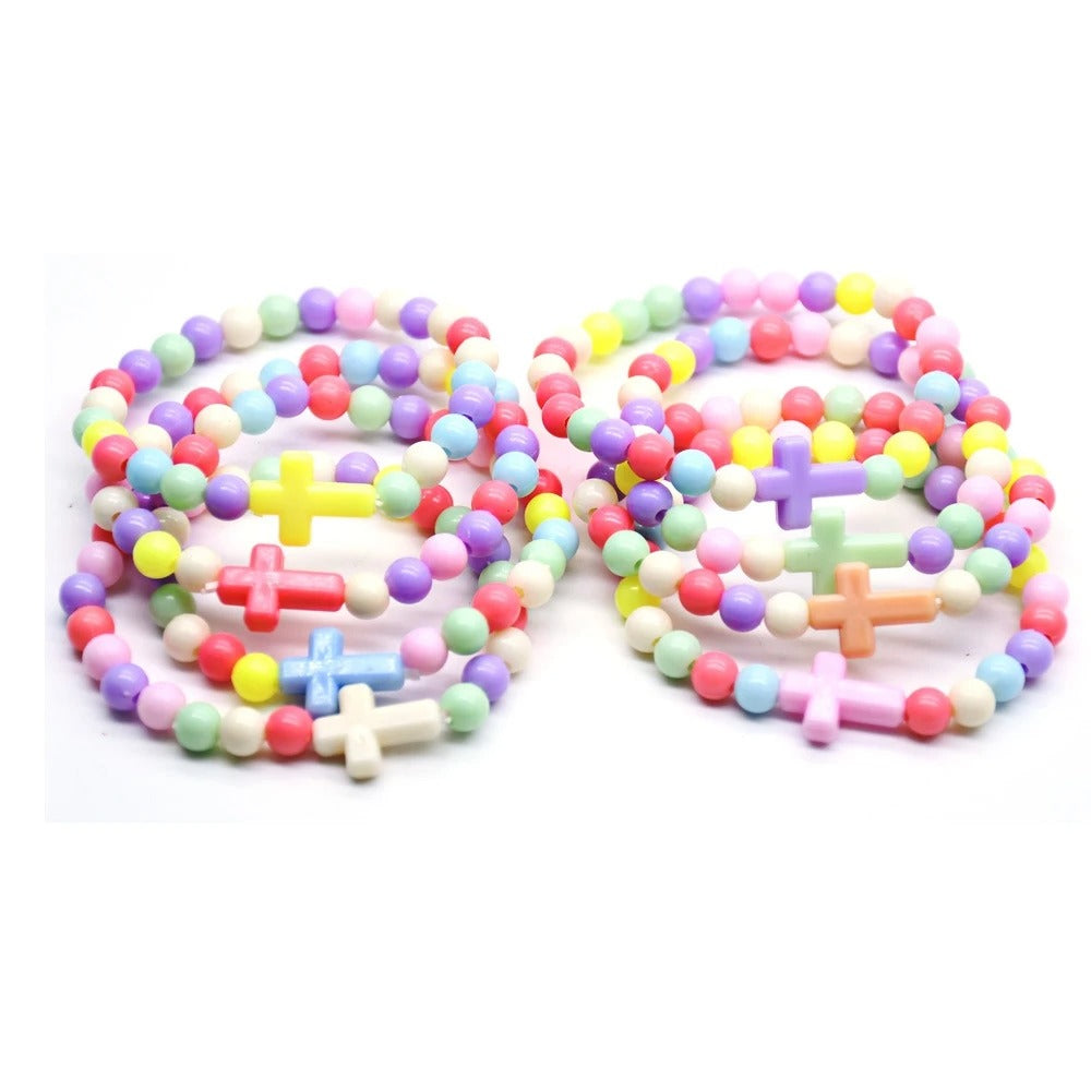 Plastic Beads Strand Cross Children Bracelets Elastic Religious Jewelry 5pcs/Pack