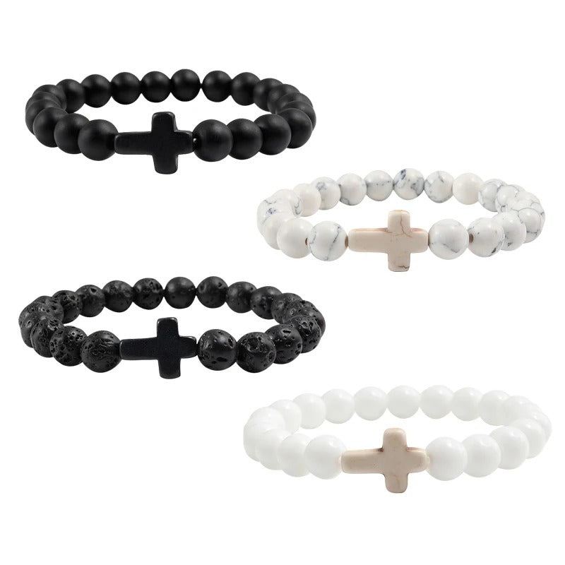 Charm Natural Stone Cross Bracelet Handmade Black Lava Beads