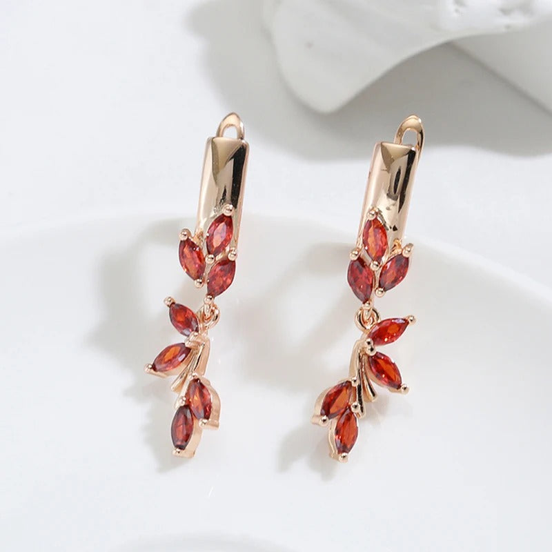 585 Rose Gold Color Long Drop Earrings For Women Orange Natural Zircon Bride Wedding Jewelry Vintage Leaf Dangle Earring