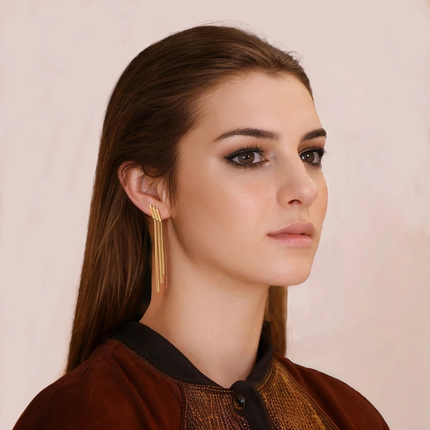 Three Layer Geometric Tassel Earrings 18K Gold Plated Women