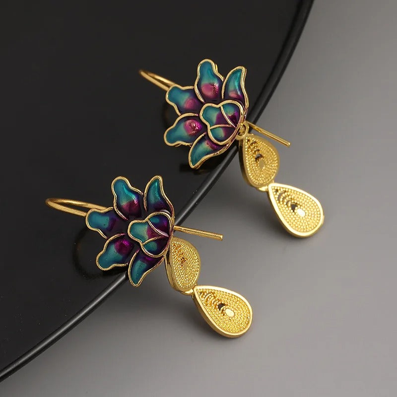 Blue Lotus Flower Drop Earrings for Women Ethnic Jewelry Golden Teardrop Metal Statement Dangle Earrings Gift
