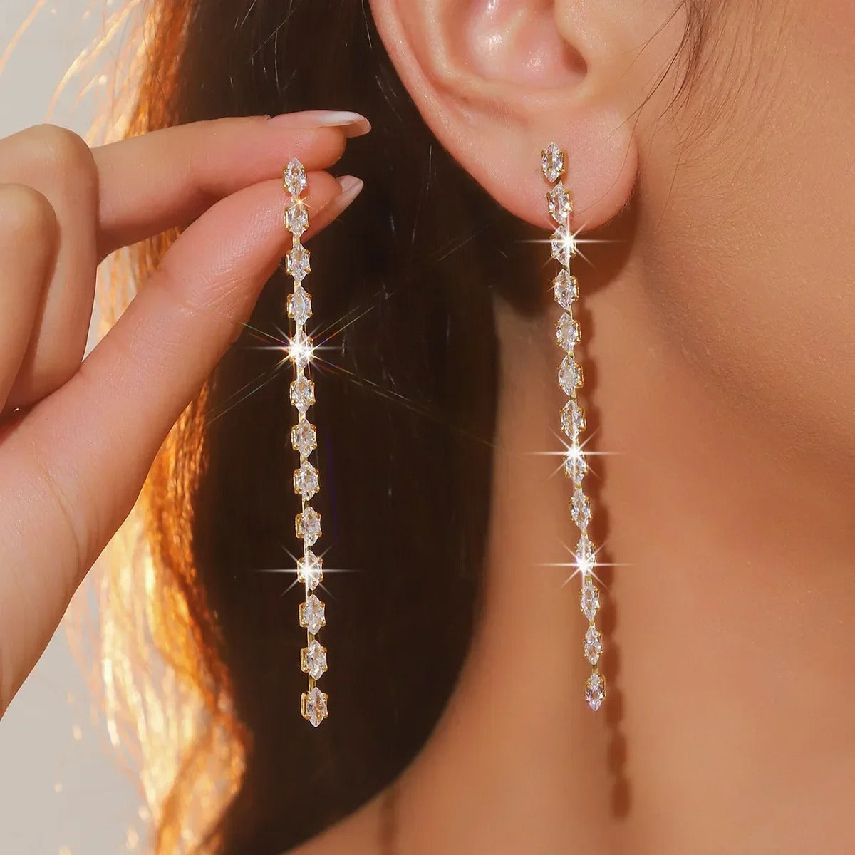 Simple Geometric Zircon Crystal Earrings for Women Gold Silver Color Long Tassel Dangle Earrings Party Weddings Jewelry
