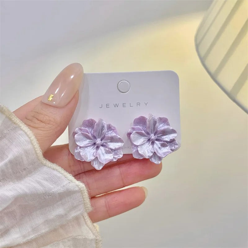 White & Purple Flower Stud Earrings Cute Acrylic Camellia