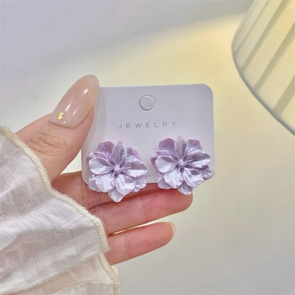 White & Purple Flower Stud Earrings Cute Acrylic Camellia