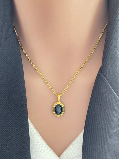 Stainless Steel 18K Gold Plated Black White Gem Stone Oval Pendant on Twist Rope Chain Necklace Stacking Jewelry