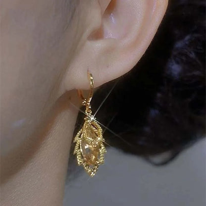 Shiny Brown Zircon Leaf Earrings Women Temperament Party Jewelry