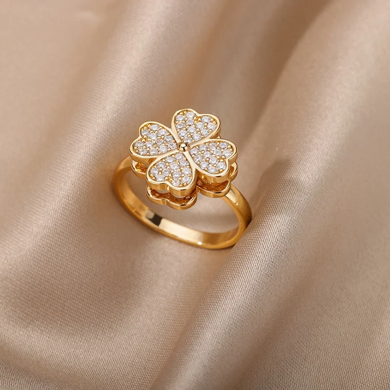 Zircon Heart Four Leaf Clover Rings For Women Stainless Steel Anti Stress Anxiety Fidget Ring Jewelry Gift